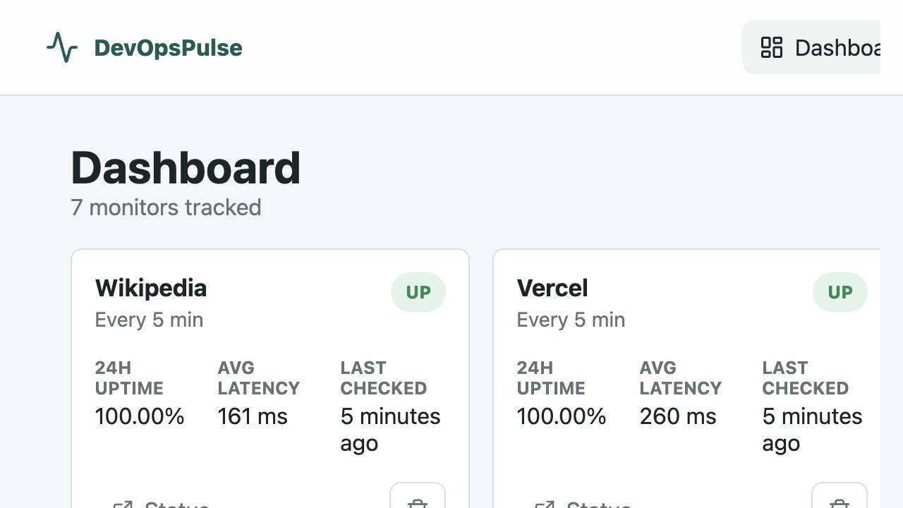 DevOpsPulse uptime monitoring dashboard