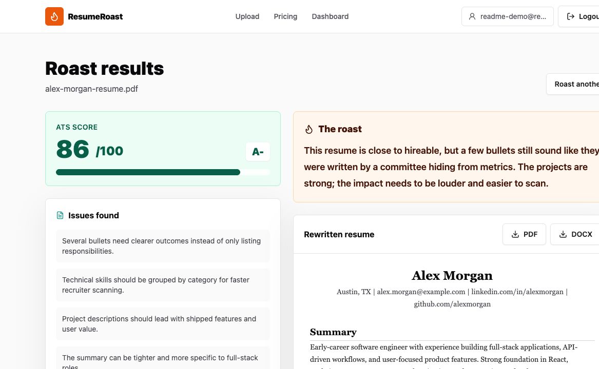 ResumeRoast AI resume analysis results page